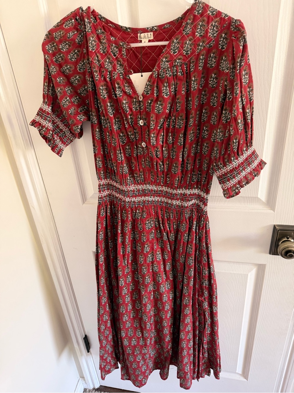LALI Red Printed Midi Dress with Smocked Waist